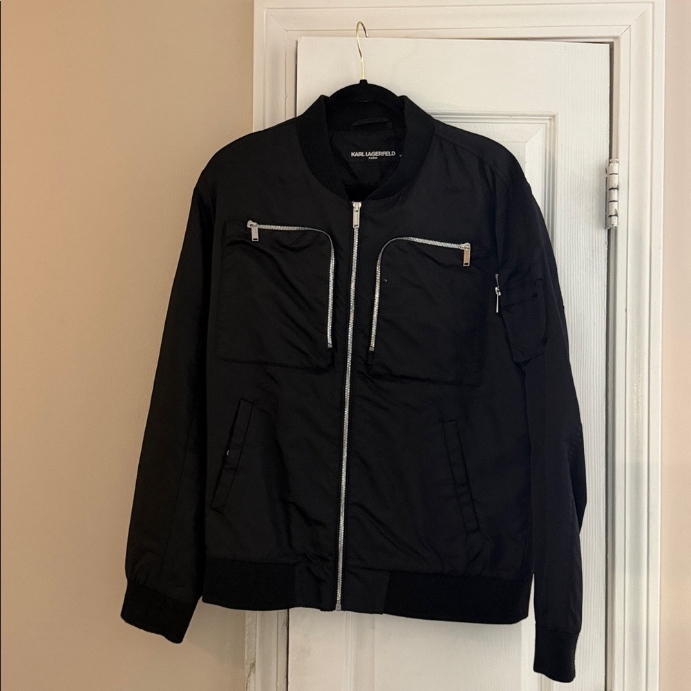 Karl Lagerfeld Men's Black Bomber Jacket with Silver Accents